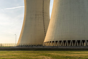 Detail of nuclear power plant. Cooling towers.